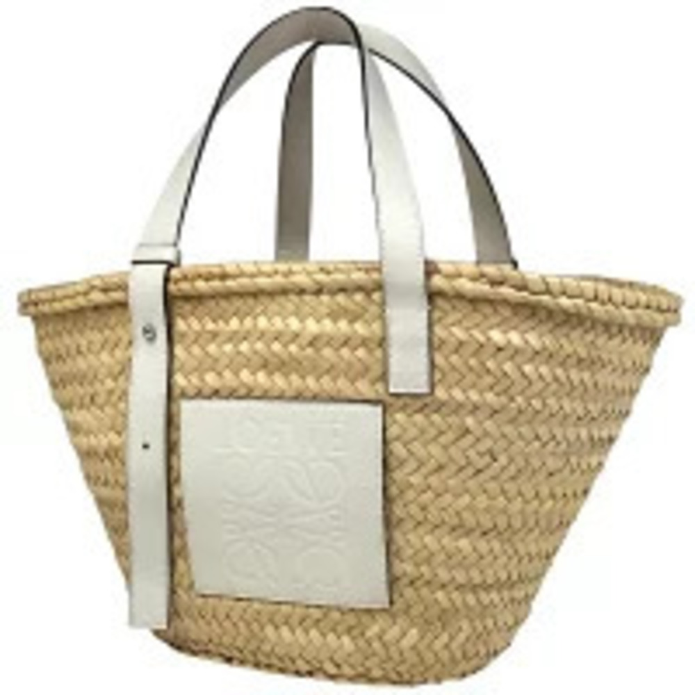 LOEWE Basket Bag Woven Anagram Palm Leaf Tote Raffia White